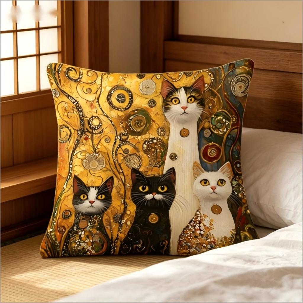 Klimt Inspired Cats Print Throw Pillow Cover, Golden Art Nouveau Cat Decorative Cushion