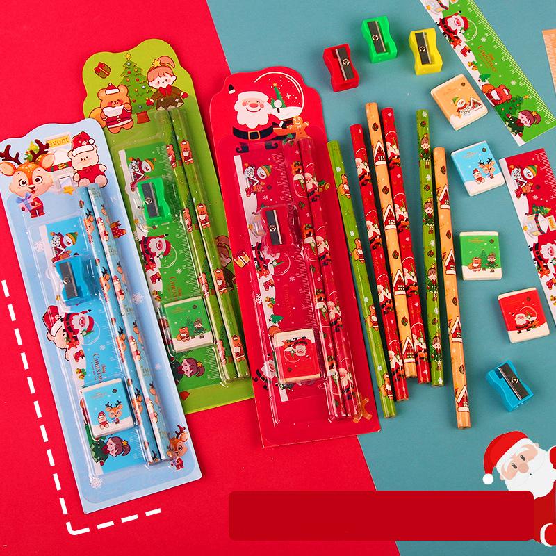 Christmas Gifts Cartoon Stationery Kids Writing Pencil Ruler Eraser Set Boy Girl Birthday Party Favors Stocking Stuffers