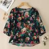 Women Casual Round Neck Loose 3/4 Sleeve Print Cotton Blouse