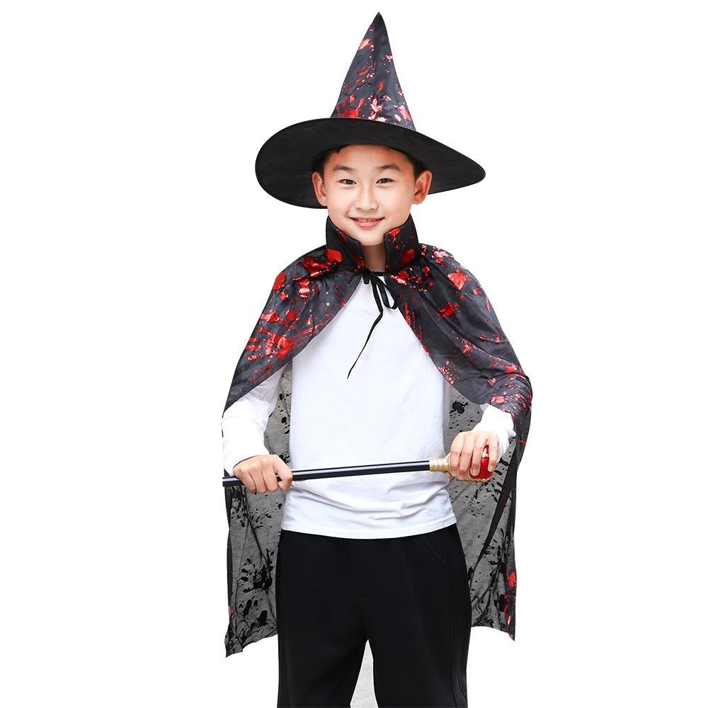 Cosplay Props Witch Cloak Hat Set Blood Printed Horror Cape Halloween Blood Costume  Decoration
