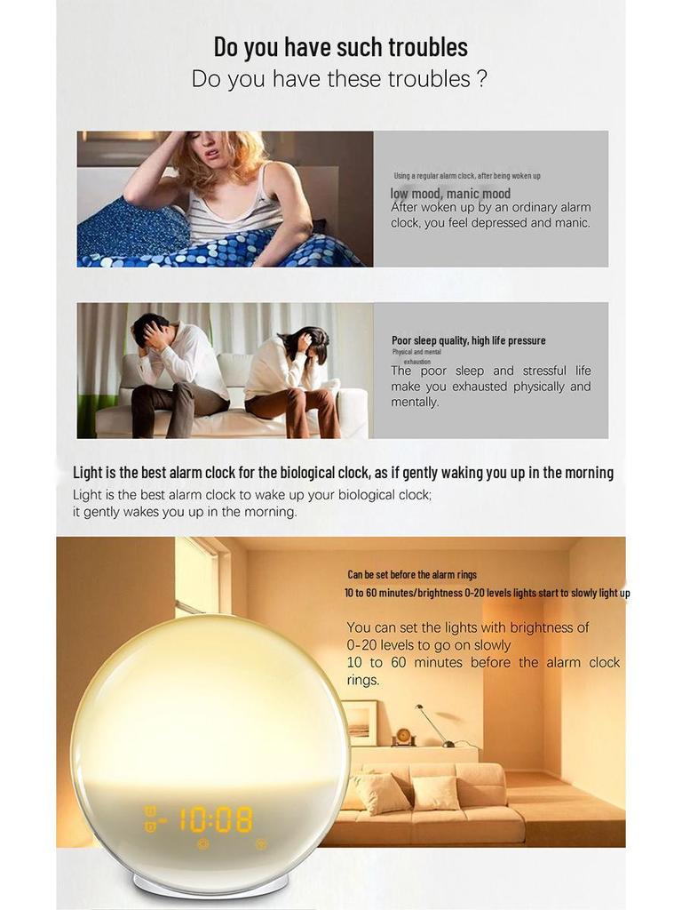 Светодиодный будильник с имитацией восхода солнца: Многоцветный будильник и прикроватная лампа для детей