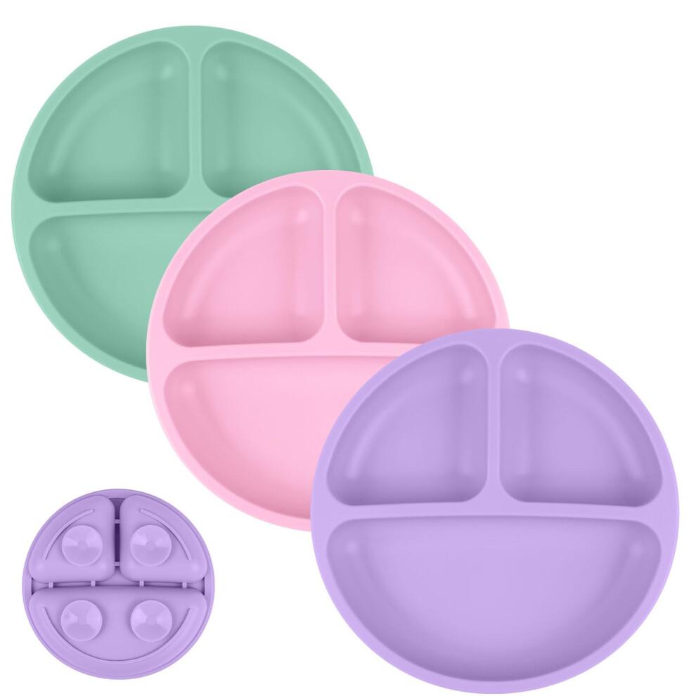 Vicloon Baby Suction Plate, 3Pcs Silicone Baby Suction Plates, Non Slip Silicone Baby Weaning Plate, Divided Dishes for Toddler Kids Self Feeding, Fi