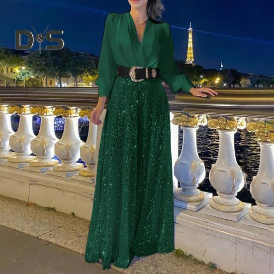 Women Jumpsuit Wide Leg Shiny Sequin Deep V Neck Long Lantern Sleeve Tight High Waist with Belt Solid Color Prom Cocktail Party Wedding Fake Dress