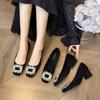 New French Black Square Head Temperament Low Heel Single Shoes Rhinestone High Heels Versatile Commuter Women's Shoes