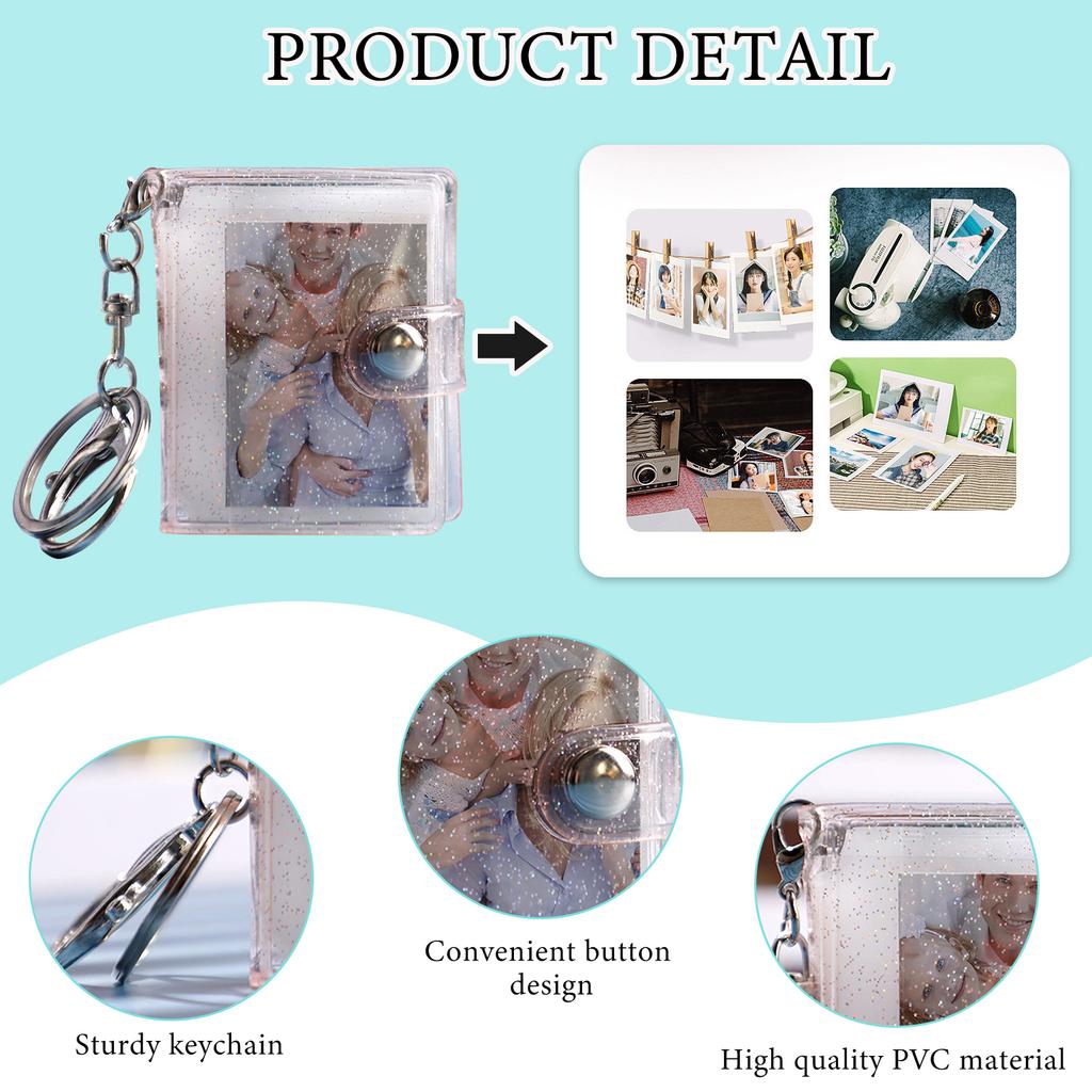 16 Pages Mini Photo Album Keychain Jewelry Crafts Album 1/2 Inch Transparent Glitter Card Holder DIY Gifts for Family Friends