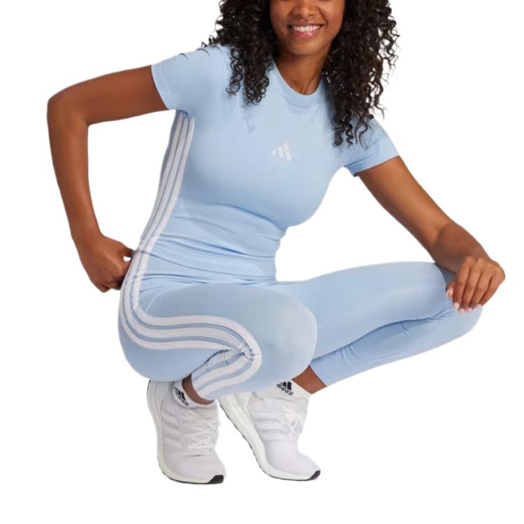 adidas Женская футболка Essentials с тремя полосками, тонкая, для малышей, сияющая, синяя/белая, женская уличная одежда JE1241