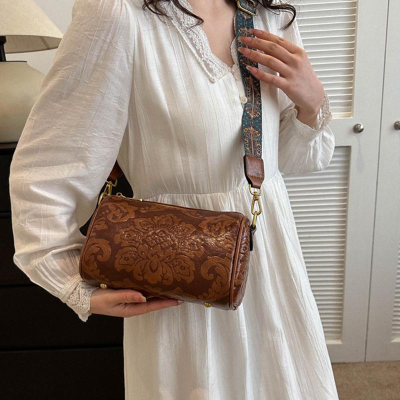 Yogodlns Винтажная сумка через плечо с цветочным тиснением в этническом стиле, цилиндрический кошелек, женская сумка на плечо с широким ремешком