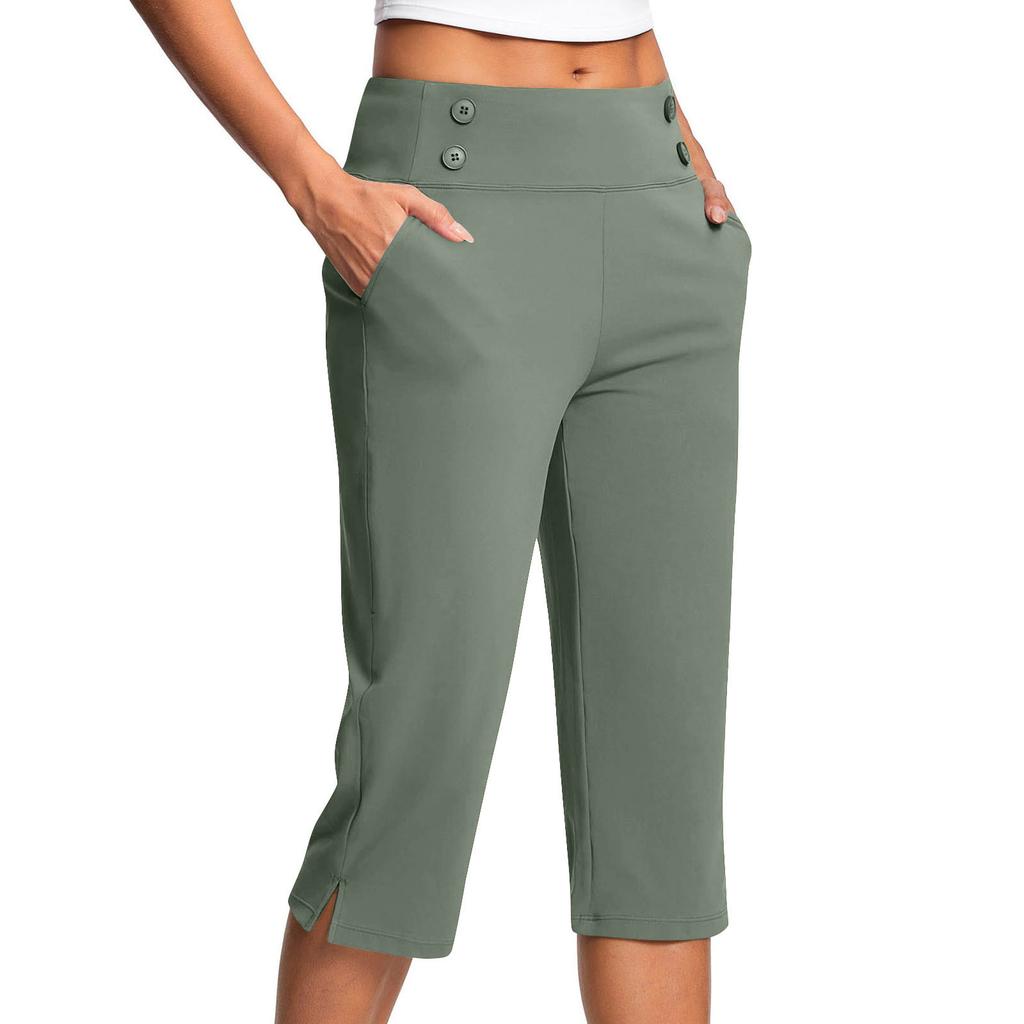 Women High Waist Stretch Capri Pants Slim Fit Cropped Trousers With Pockets Summer Casual Workout Yoga Pants
