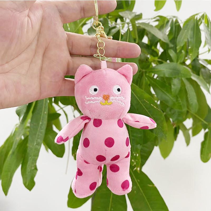 Charming Soft Plush Pink Cat Keychain With Polka Dots Perfect For Gifts And Decor