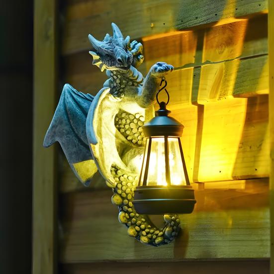 Светящаяся садовая статуя дракона-обнимашки с солнечным светом, средневековая скульптура дракона из смолы для декора двора на открытом воздухе, подарок любителям драконов