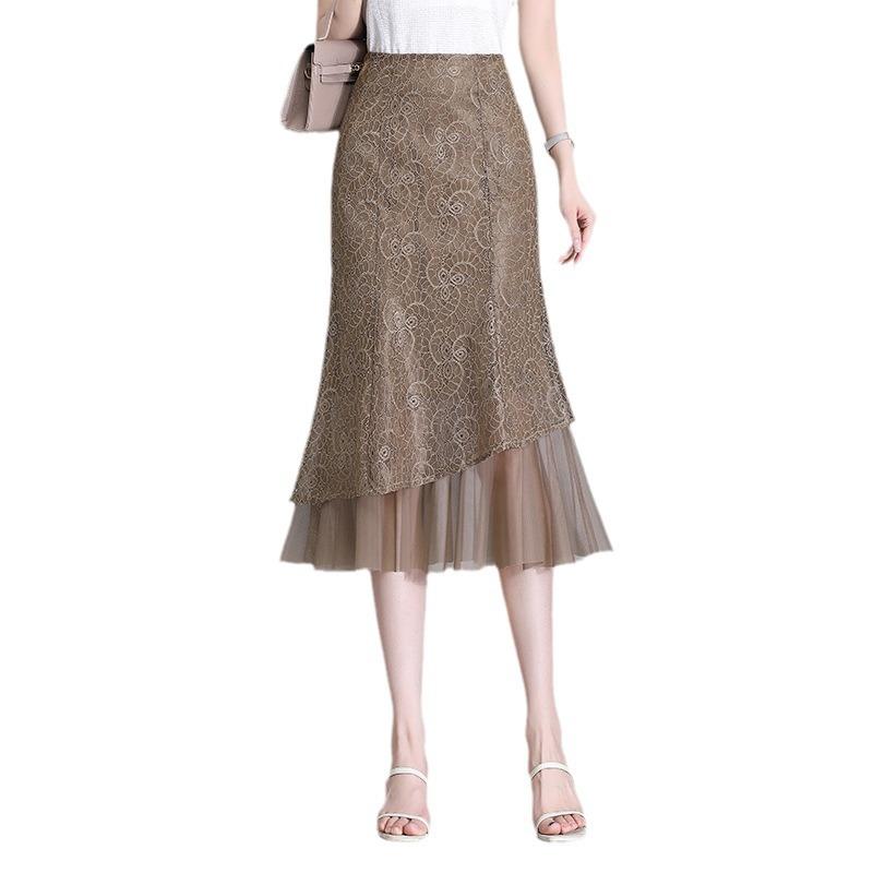 Юбка с кружевом и юбкой-рыбьим хвостом женская летняя черная юбка средней и длинной длины весенняя женская маленькая юбка на весну и осень высокая юбка на бедрах