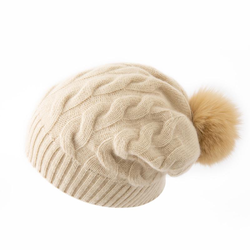 Women's 100% Cashmere Pom-Pom Hat - Three-Strand Winter Knit, Versatile Cable, Warm Ear Protection