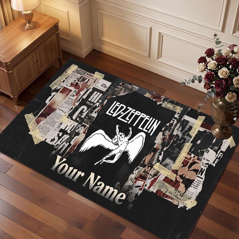 Led Zeppelin Personalized Crystal Velvet Carpet, Customized Name Text Soft Anti‑Slip Rug for Living Room Bedroom