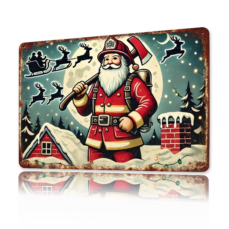 Santa Firefighter Metal Sign Vintage Sign Iron Christmas Retro Wall Art Multipurpose Decorative