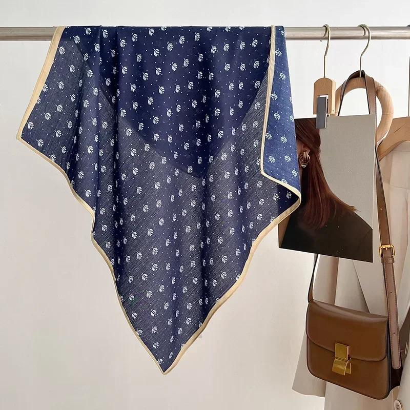 Retro Cotton Floral Print 70cm Velvet Square Scarf for Women Soft Neckerchief Lady Hijab Small Neck Ties Female Hair Headbands