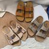 Women's Summer 2025 Cork Cowhide Two-Strap Sandals - Trendy Thick Sole Fashion Slides