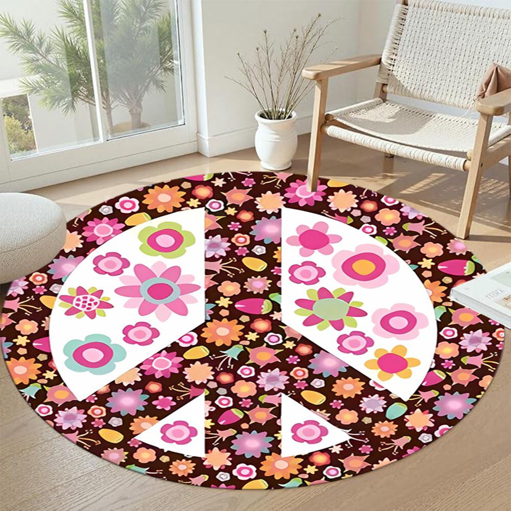 Floral Peace Symbol Round Office Rug Design for Entryway Decorate room Game Room Bedrooms Anti-slip Round Rug Office home decor Gift for Festivals