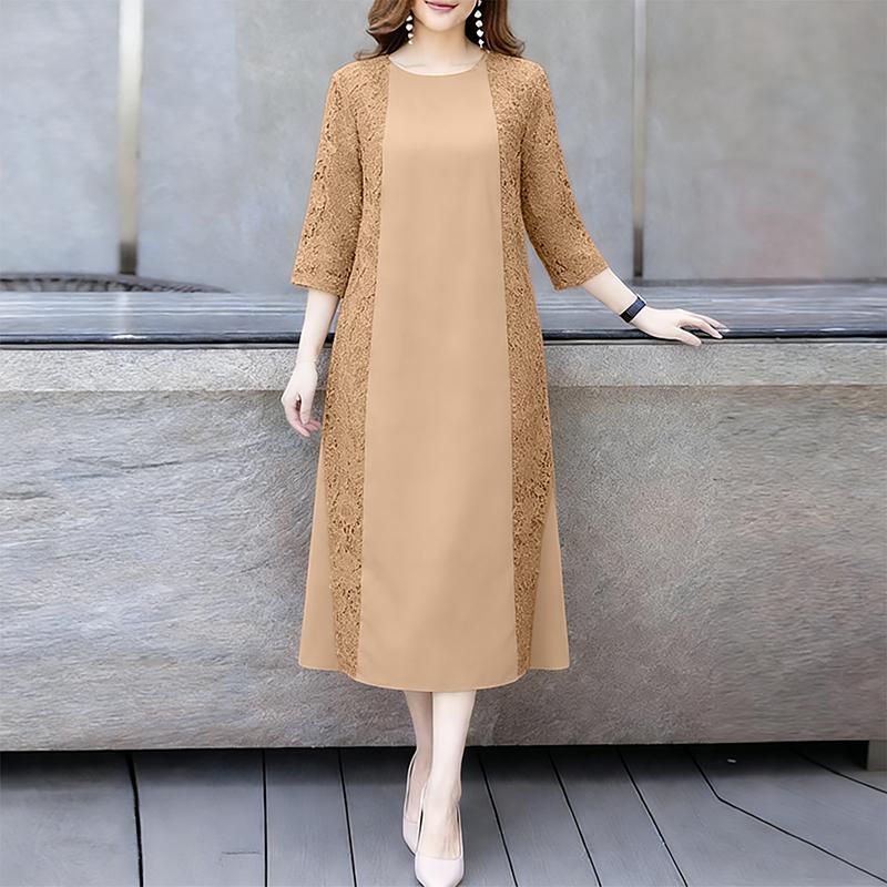 ZANZEA Женское повседневное платье с круглым вырезом, рукавом 3/4 и кружевной вставкой