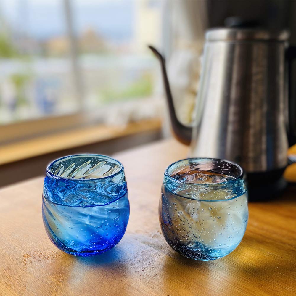 Kubakasa Ryukyu Glass Rock Glass Okinawa Souvenir Churaumi Barrel Glass Light Blue x Blue Cold Tea Glass Cup
