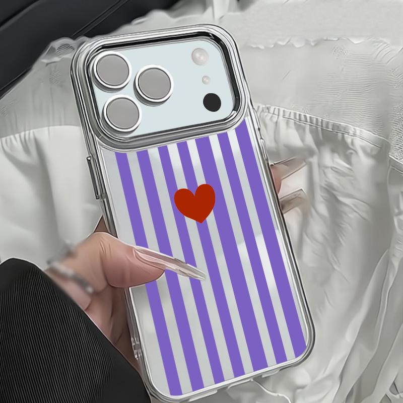 Чехол с узором в полоску и сердечками для iPhone 17 18 Pro Max С гальванической рамкой для камеры Прозрачный мягкий чехол для телефона для iPhone 16 15 14 13 Pro Max 17E