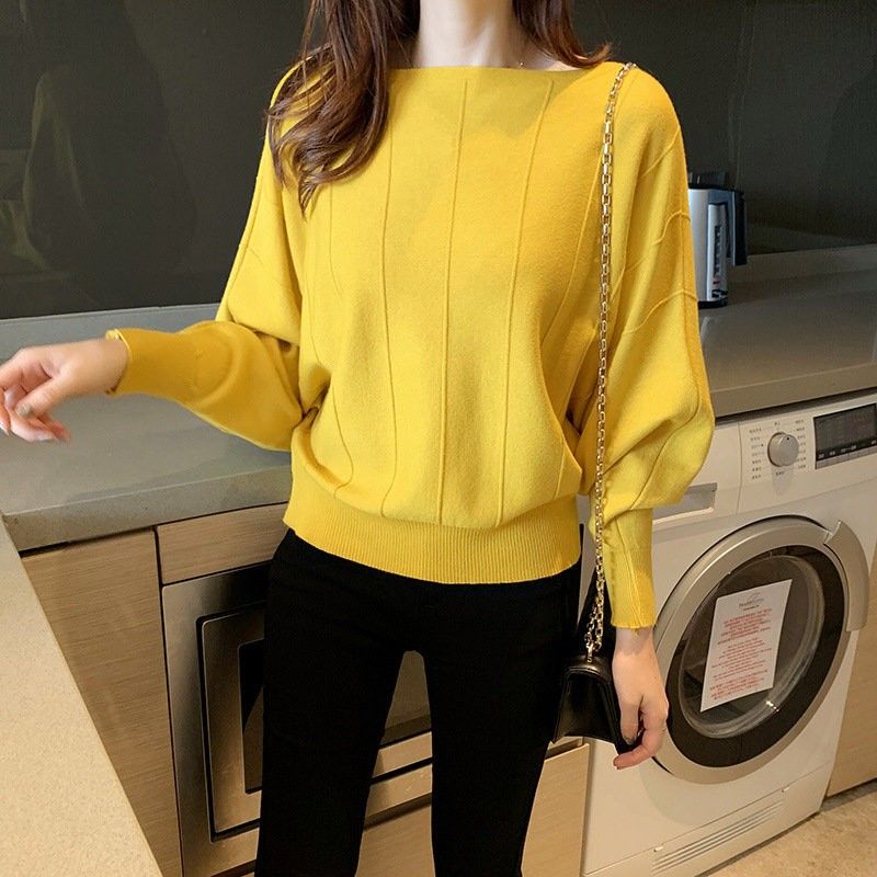 Женский короткий трикотажный свитер с круглым вырезом в корейском стиле на весну и осень - Летучая мышь рукав, свободный пуловер, базовый топ