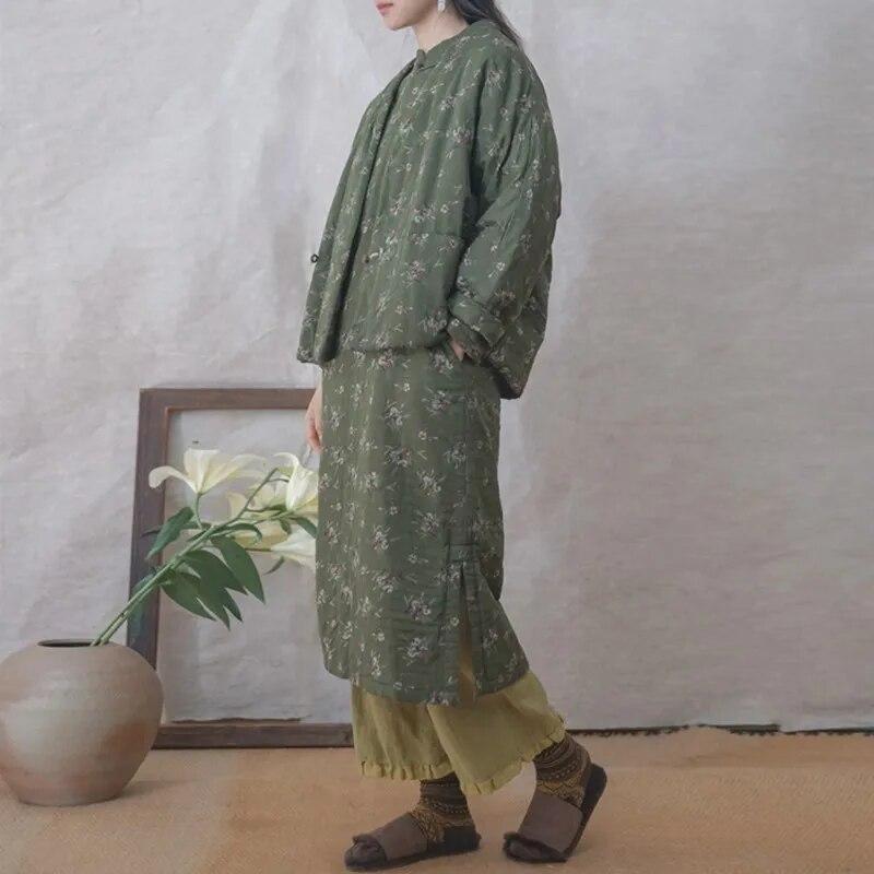 Johnature Женские хлопковые парки с винтажным принтом и цветочным принтом, зимние пальто с v-образным вырезом и длинными рукавами и пуговицами в китайском стиле, теплые парки