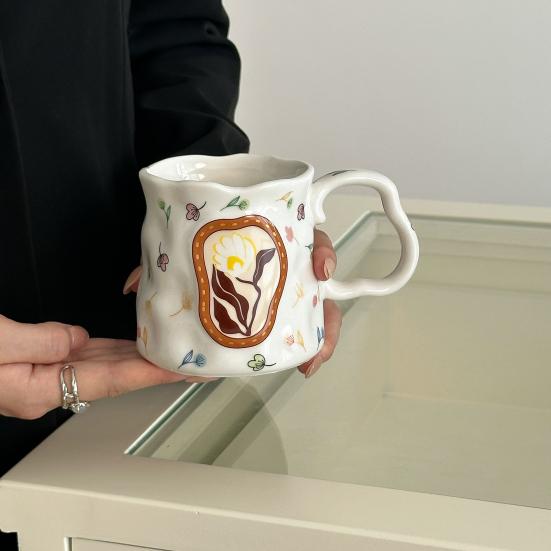 Керамическая кофейная кружка с эргономичной ручкой, кружка с нерегулярным цветочным узором, можно мыть в посудомоечной машине, оригинальная чашка для кофе, чая, молока