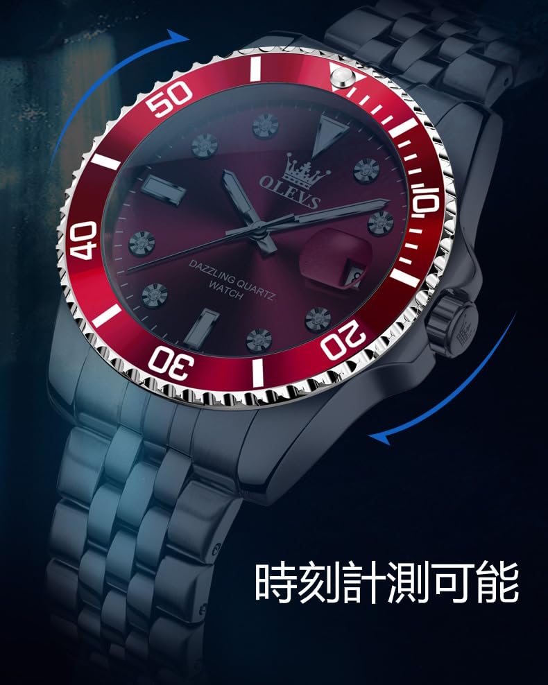 OLEVS Quartz Business Stylish Watch Waterproof Diamond Metal Band Date Luminous Present Watch for Men Red Men's Men's