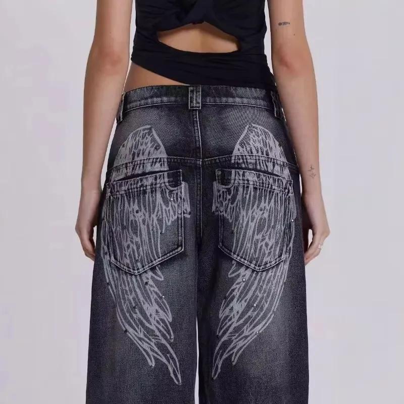 Y2k Vintage Women Jeans Back Wing Printed Rivet Washed Wide Leg Denim Pants Baggy Distressed Casual Trousers Streetwear