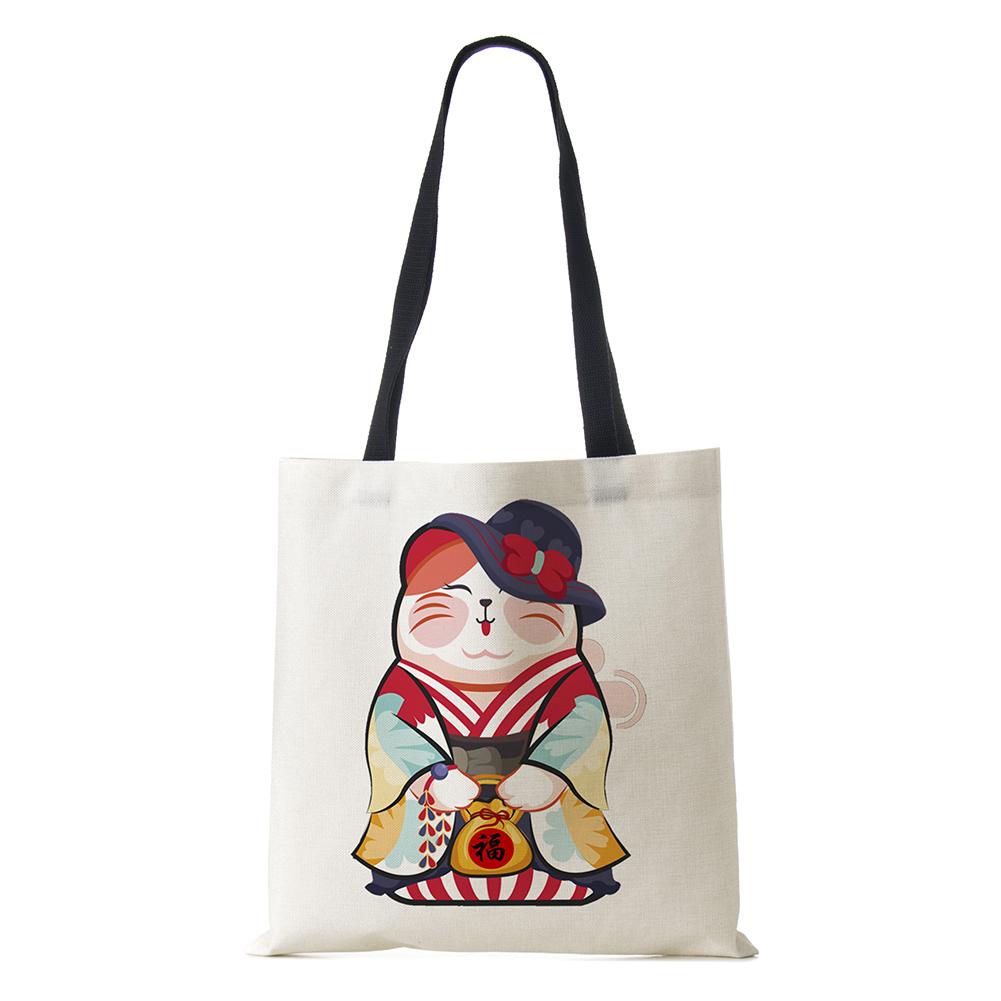 Cat Cartoon Shoulder Bag 2022 Japanese Shopping Reusable Canvas Tote Bag Women High Capacity Simple Casual Folding Handbag KTY