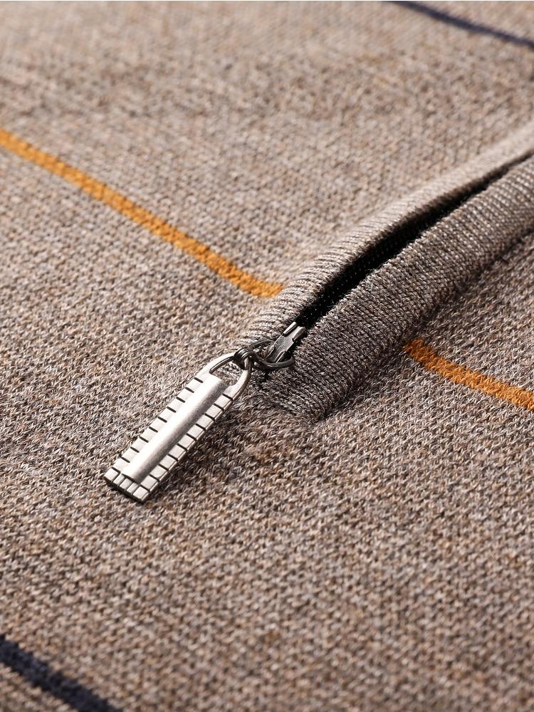 Мужской повседневный полосатый вязаный свитер на молнии 1/4, трикотажный топ с длинным рукавом из смеси полиэстера и акрила, зрелый стиль