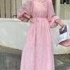Весеннее розовое платье для женщин с открытыми плечами, модные длинные рукава, женские платья в корейском стиле, свободное плиссированное женское длинное платье с оборками