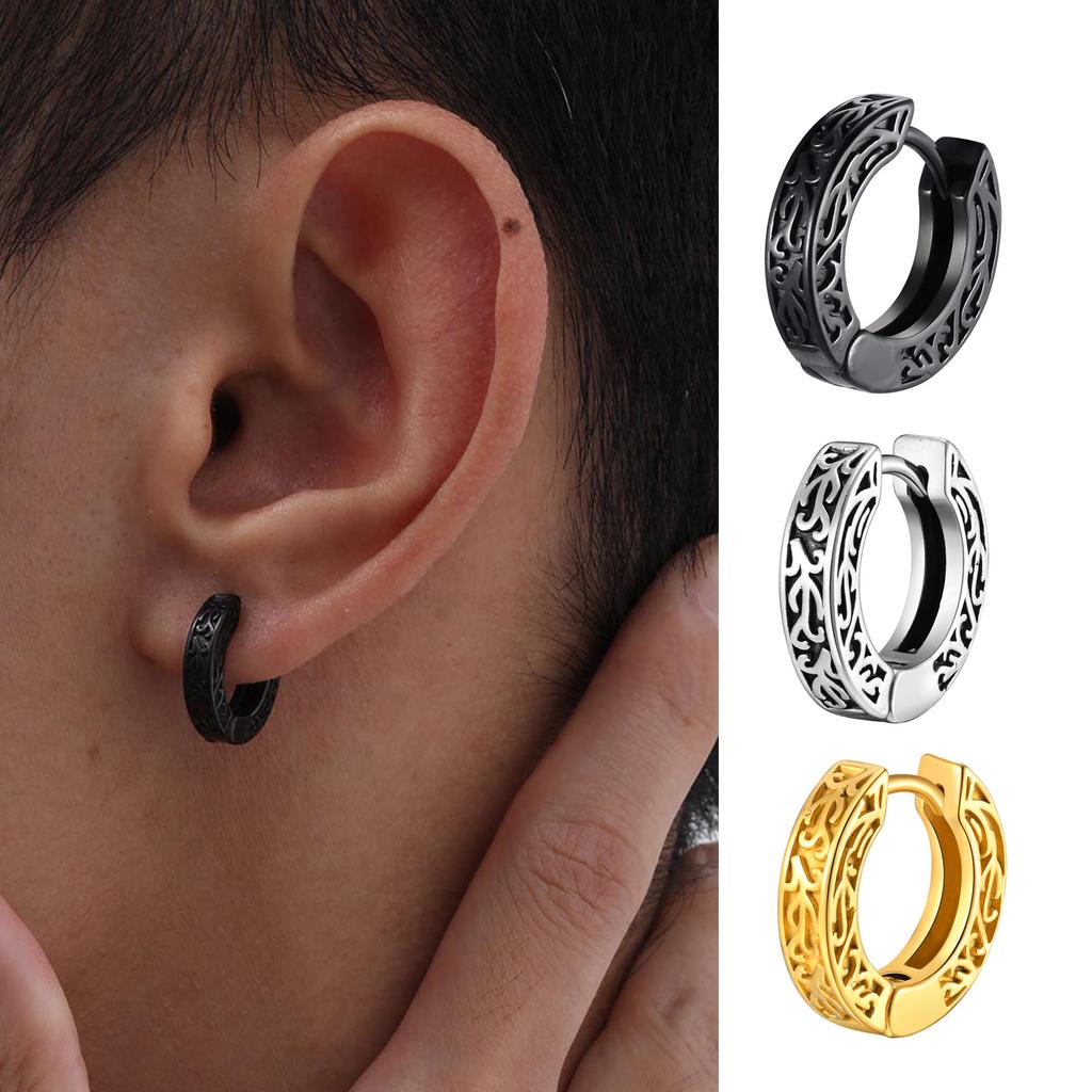 Totem Hoop Earrings for Men Teens,Black Anit Allergy Stainless Steel Huggies Earrings,Rock Punk Ear Zircon