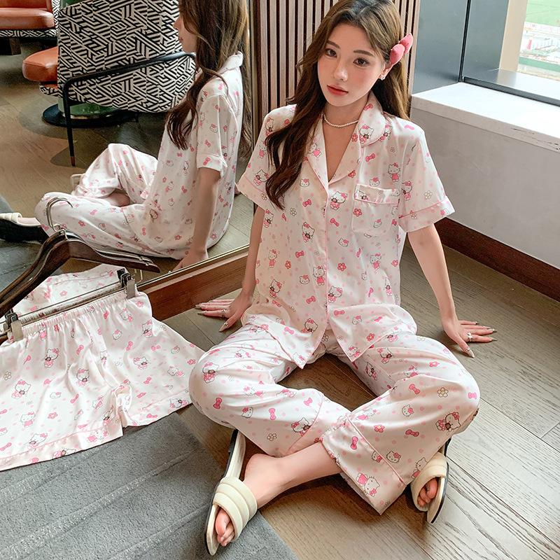 1011 new ice silk women's pajamas short-sleeved trousers thin cartoon polka dot sweet wind loungewear can be worn outside