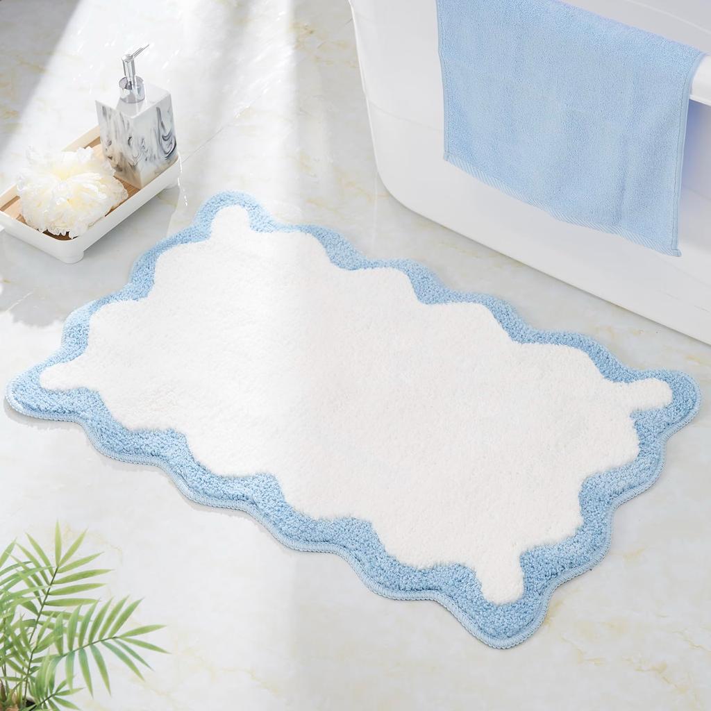 Luxury Cute Bathroom Rugs, White Bath Mat W/Blue Scalloped Edge, Microfiber Aesthetic Trendy Funky Fun Preppy Rug