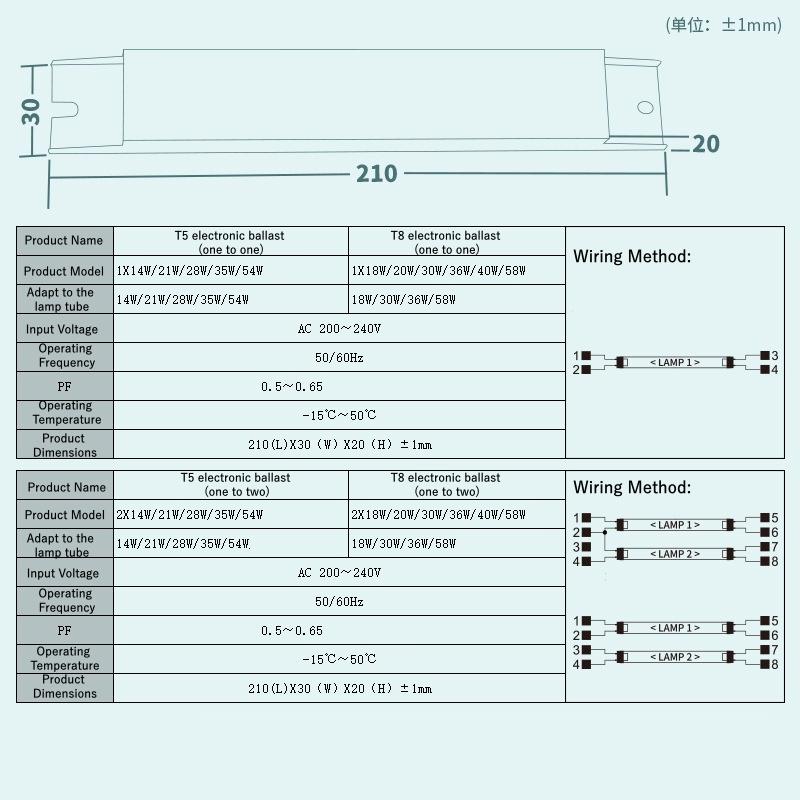 Электронный балласт T5/T8 AC 220-240В Широкий диапазон напряжения для Эффективного Мгновенного Запуска для Освещения Супермаркета/Офиса/Дома