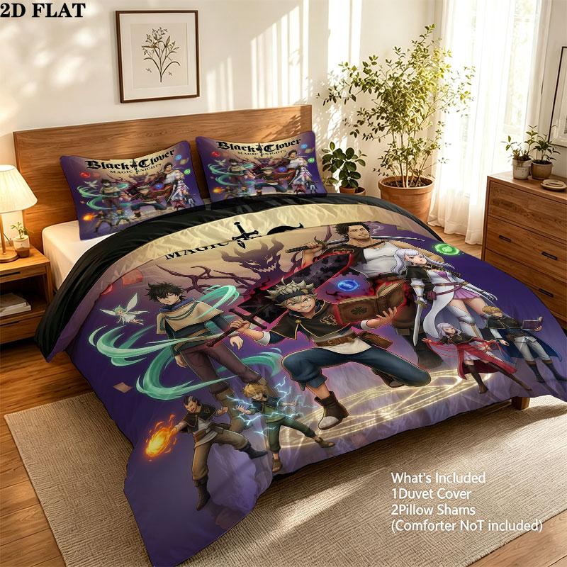 Black Clover Pattern Bedding Quilt Set Quilt Cover Pillowcase Home Birthday Gift(1 * duvet cover + 2 * pillowcase, without core)