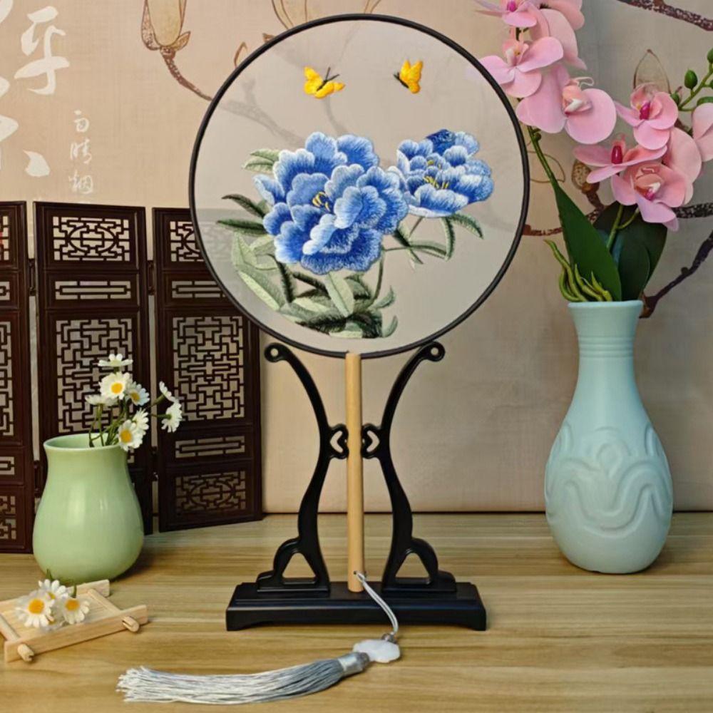 Chinese Style Embroidered Round Fan Wooden Handle Hanfu Tuan Fan  for Home Decoration