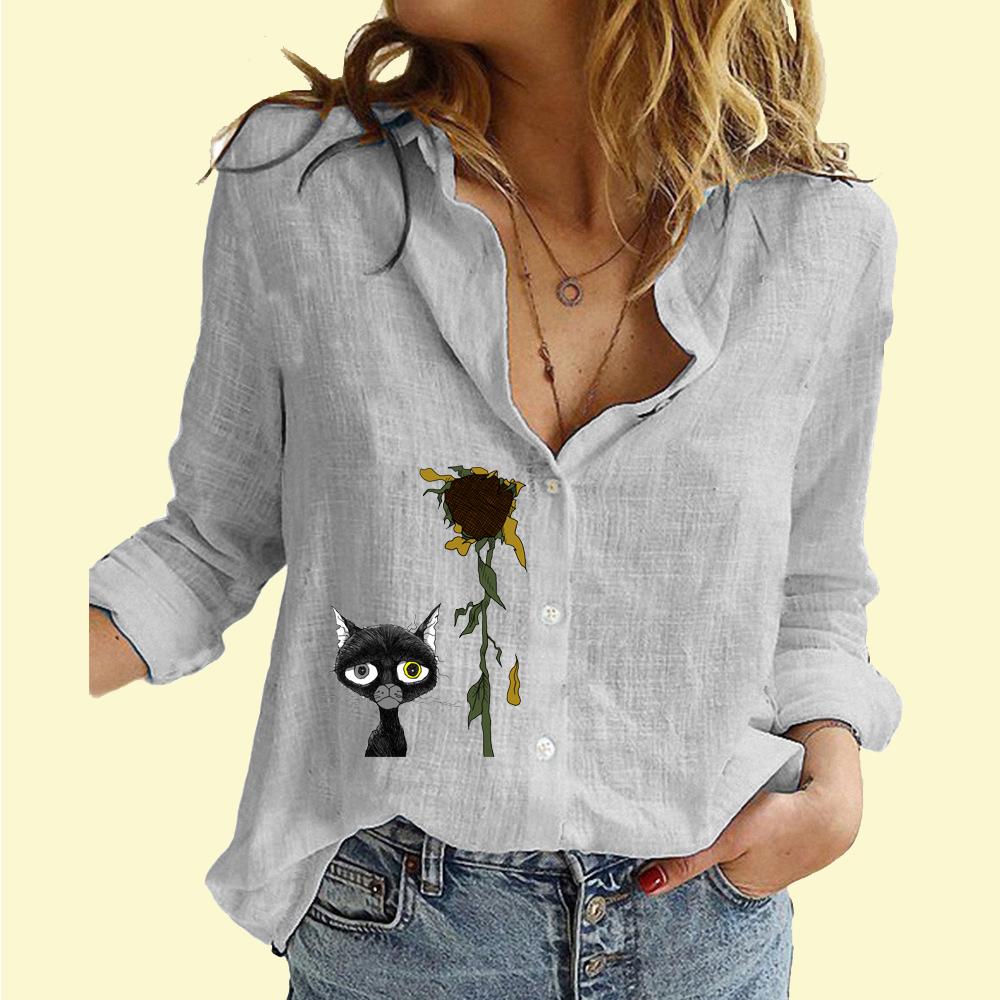Женская модная рубашка на пуговицах, повседневная, тонкая, с длинным рукавом, женская хлопковая льняная блузка с принтом кота