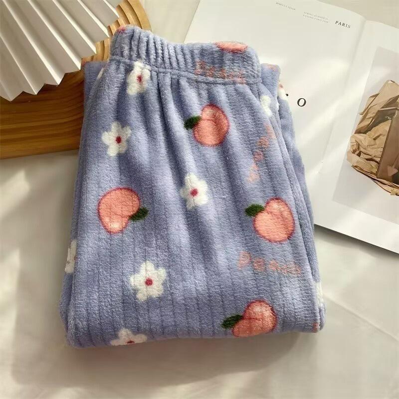 Женские пижамные брюки из кораллового флиса с принтом персика и медведя 2025 - Теплые, утолщенные, повседневная домашняя одежда для осени/зимы