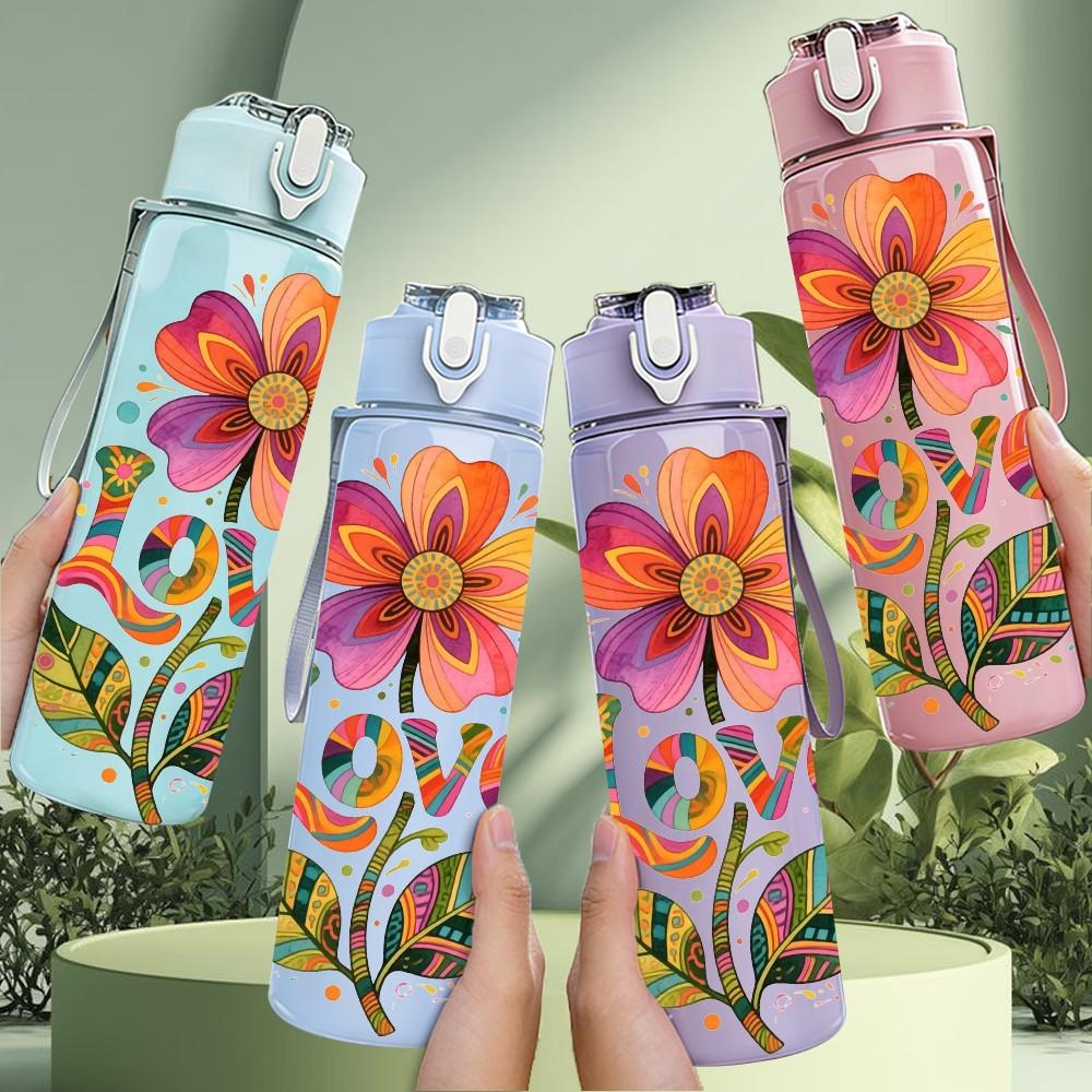 1PC Love Word Big Daisy Boho Flower Art 750ml Color Plastic Sports Water Bottle Leakproof Flip Straw Lid Suitable for Sports Office Home Use