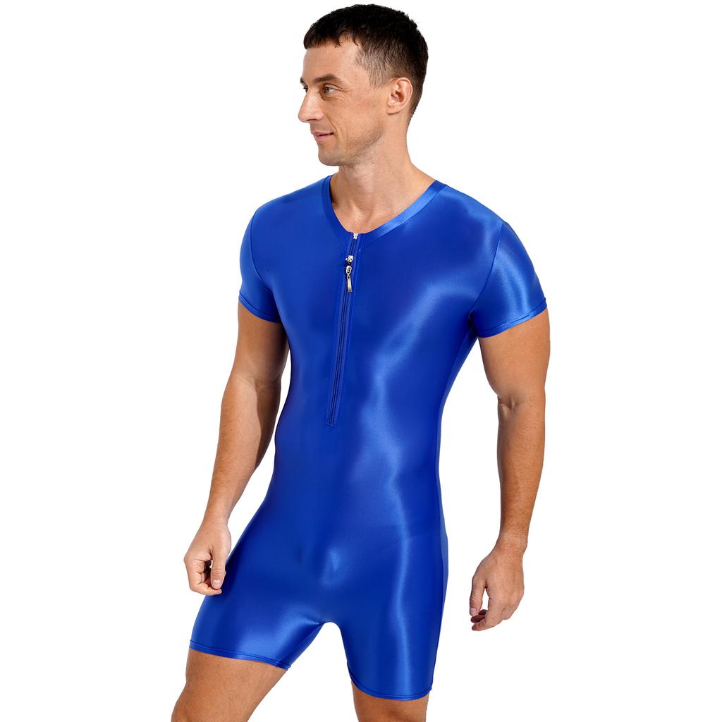 Mens Short Sleeve Zipper Jumpsuit Glossy Stretchy Round Neck One Piece Swimsuit