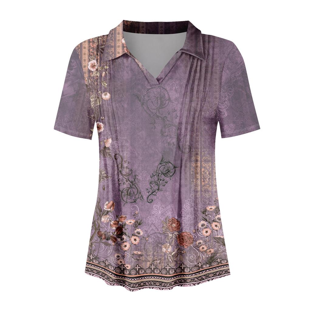 Womens Short Sleeve T Shirts Pleated V Neck Printing Tee Collared Summer Tops Fashion Business Casual Work