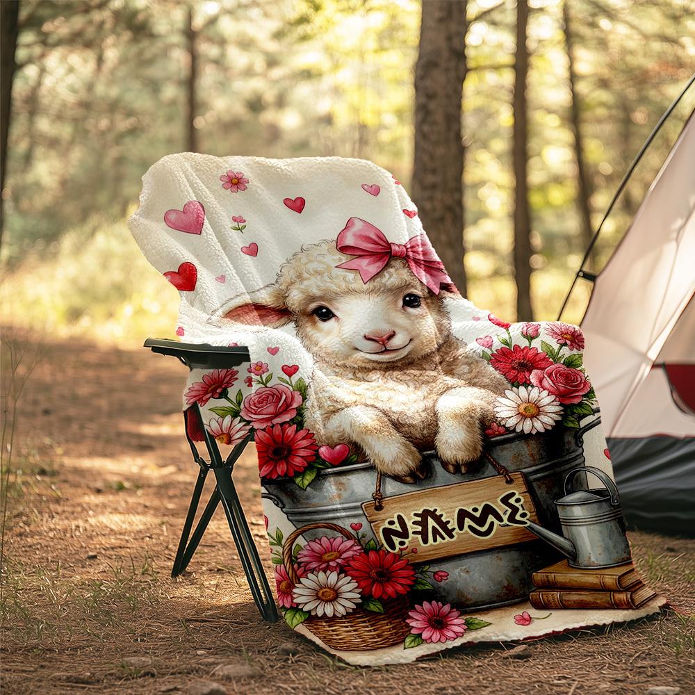 Lamb With Flowers Outdoor Customize Your Name Blanket Soft Cozy Lightweight Allseason Multiuse Blanket Perfect For Travel Camping Picnics Sofa Office