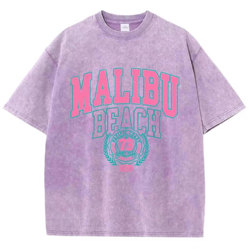 Malibu Beach Washed T-Shirt Women Letter Printing Cotton T Shirt Comfortable Crewneck Tops Casual Oversized Tees Clothes