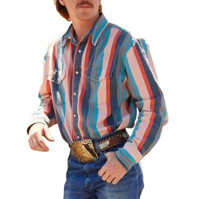 Men's Retro Western Striped Shirt Casual Short Sleeve Button-Up Cowboy Style Shirt
