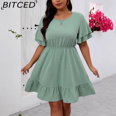 Повседневное платье большого размера с отделкой бахромой, круглым вырезом, двухслойными рукавами с оборками