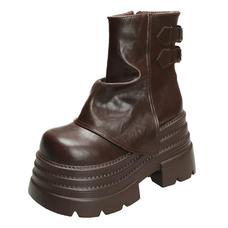 Женские толстые мотоциклетные ботинки 10 см, осенние кожаные кроссовки со скрытым каблуком, зимние водонепроницаемые ботинки для снега, высокие ботильоны на платформе