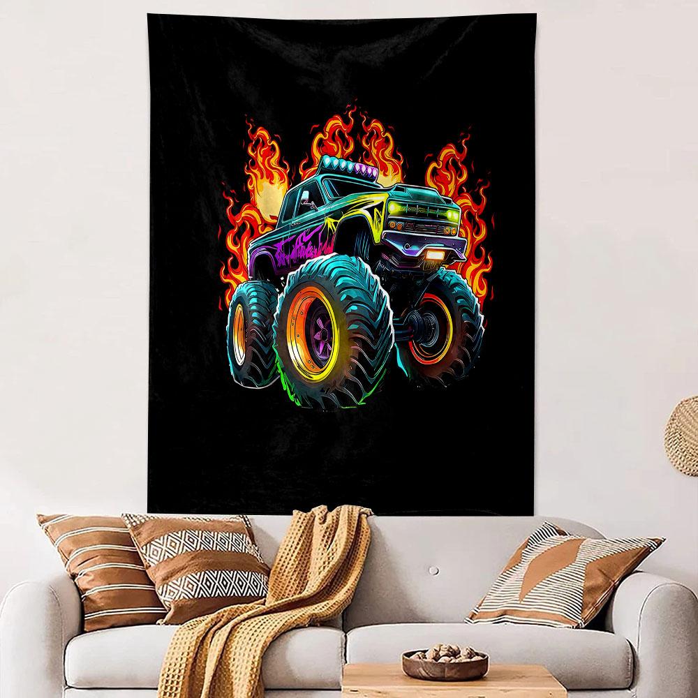 Flaming Monster Truck Graphic Design Patterned Tapestry Decorative Wall Hanging, Home Bedroom Living Room Decor