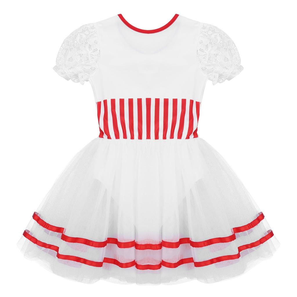 Рождественский танцевальный костюм для маленьких девочек, фигурное катание на коньках, роликовые коньки, короткие кружевные рукава, сетчатое платье-пачка в полоску, балетное трико, платье